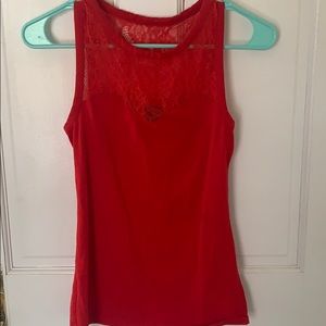 Red tank top with lace neckline from express